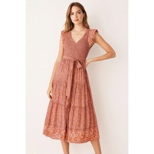 Cleobella‎ Floral Smocked Flutter Sleeve Midi Dress Sz Medium Cottagecore Boho